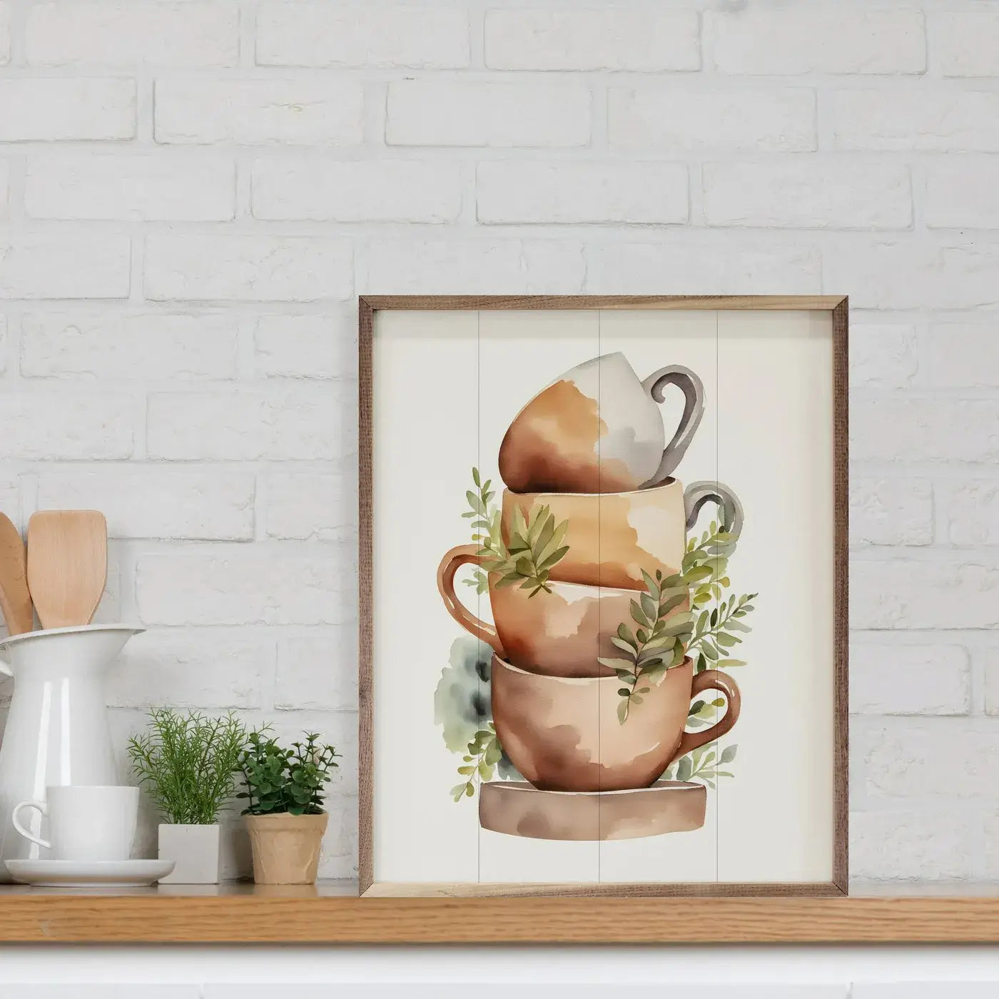 Stack Of Four Cups Wood Framed Print