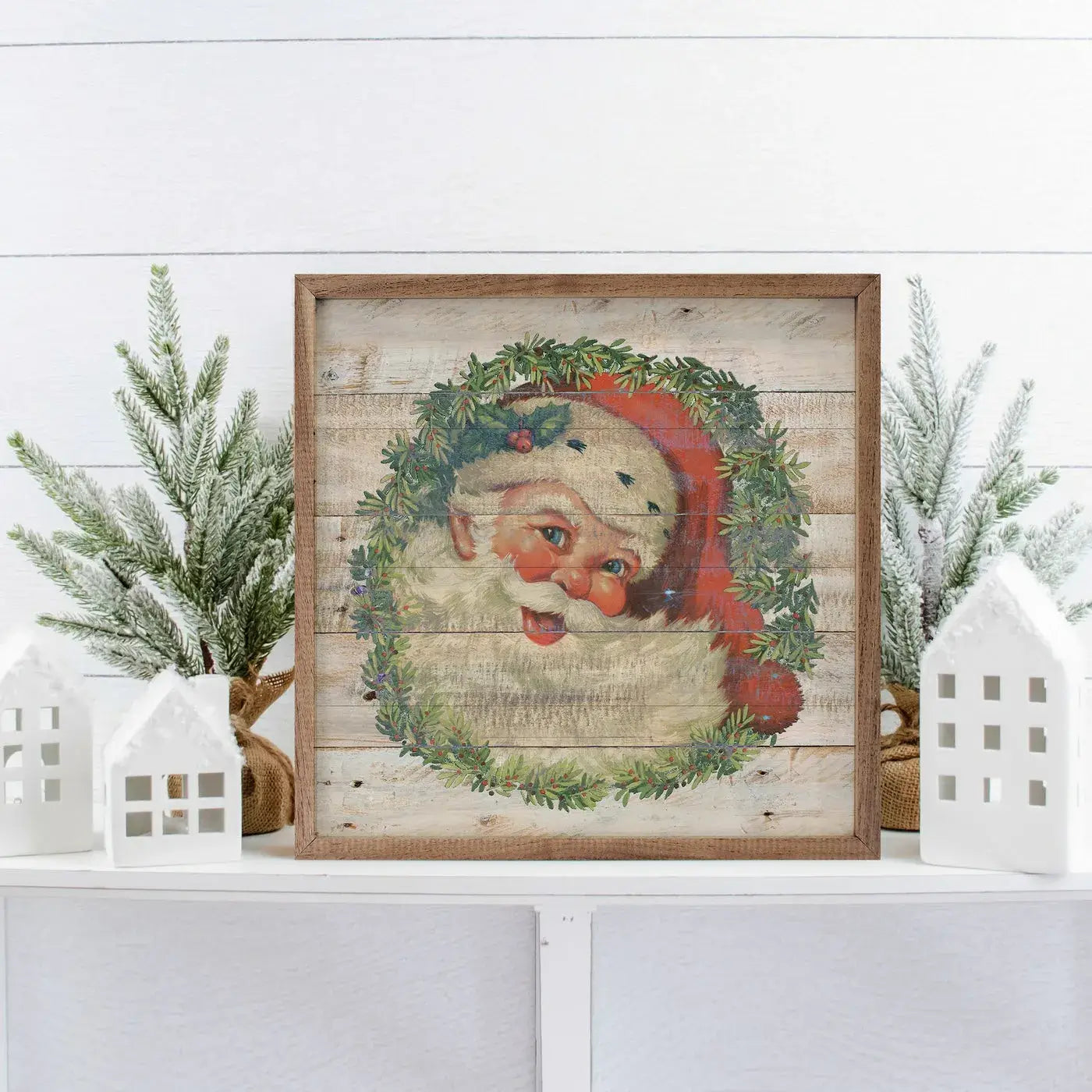 Vintage Santa Wreath Wood Framed Print