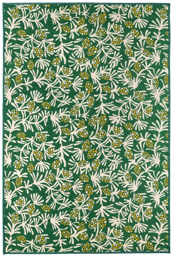 Winter Pinecones Green Machine Washable Rug