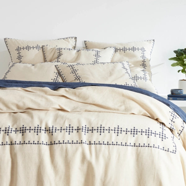 Pine Cone Hill Cross-Stitch Linen Navy Duvet Cover