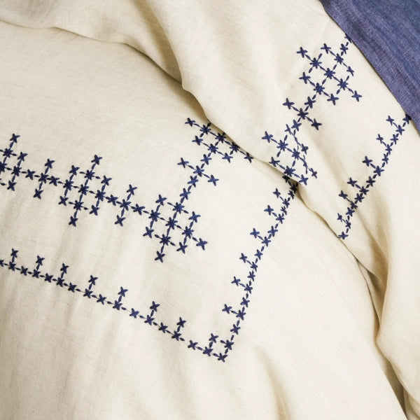 Pine Cone Hill Cross-Stitch Linen Navy Duvet Cover