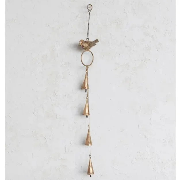 Antiqued Brass Hanging Bells With Bird Cluster