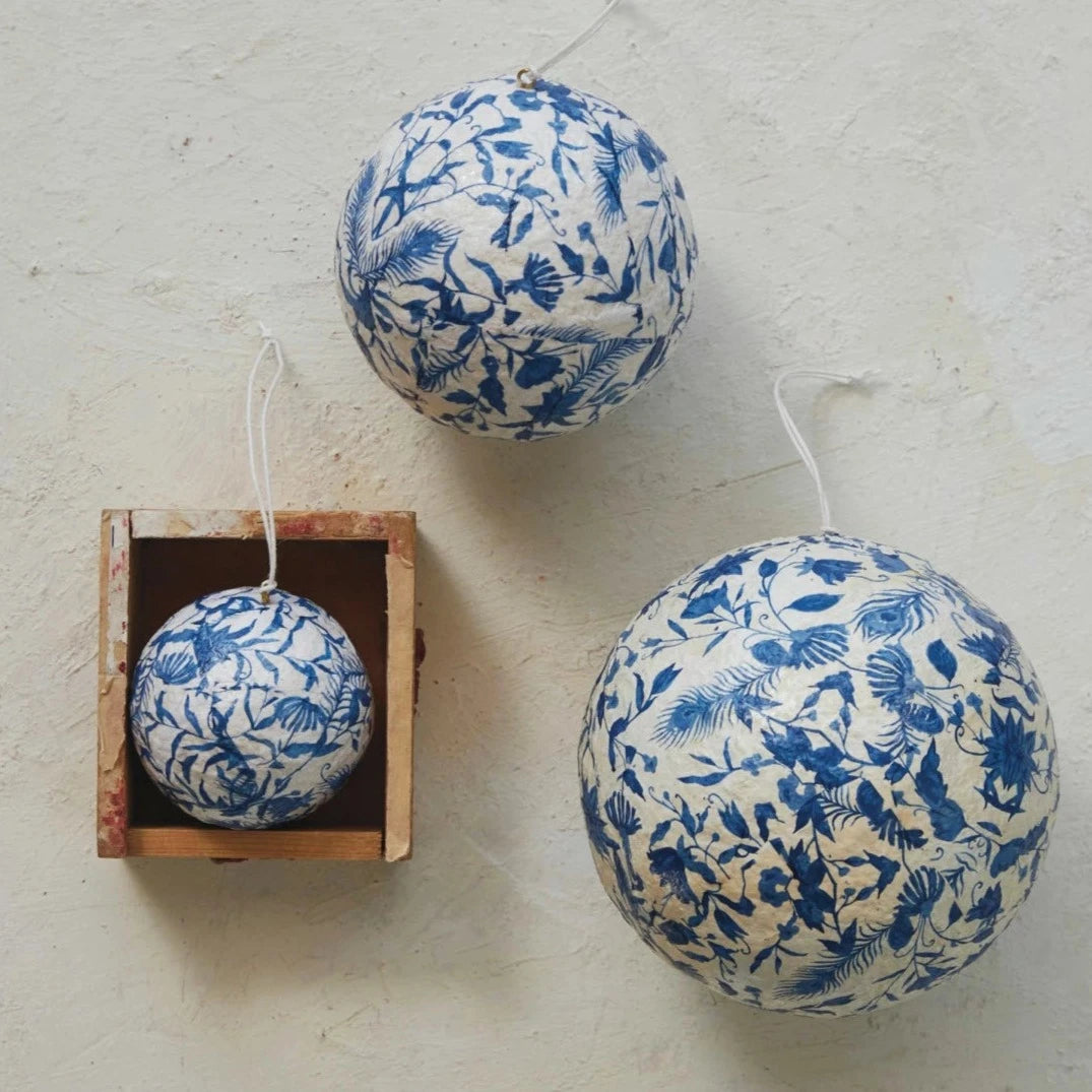 Recycled Blue Floral Paper Mache Ball Ornament