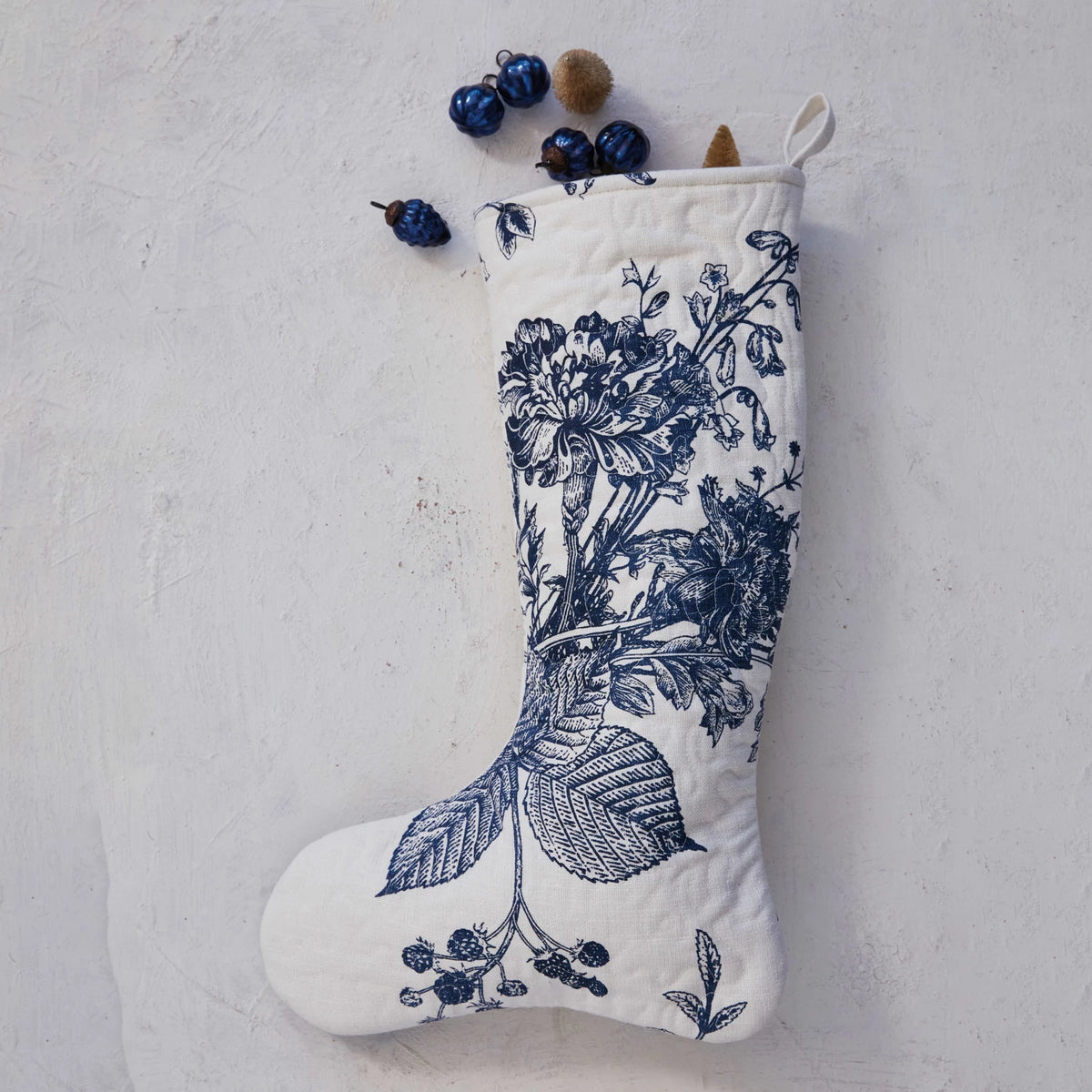 Quilted Blue Botanical Print Stocking