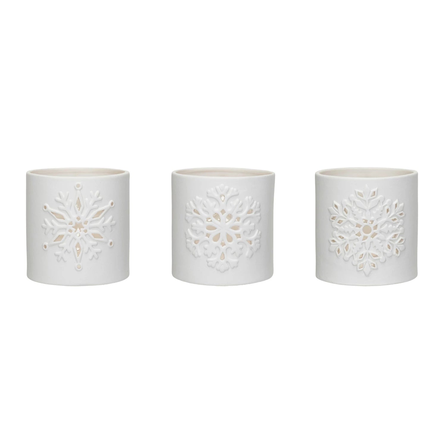 Embossed Stoneware Bisque Tealight Holder with Snowflake