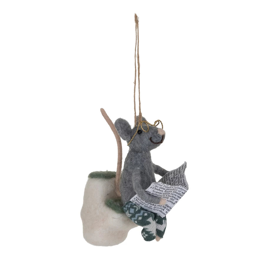 Wool Felt Mouse On Toilet Ornament