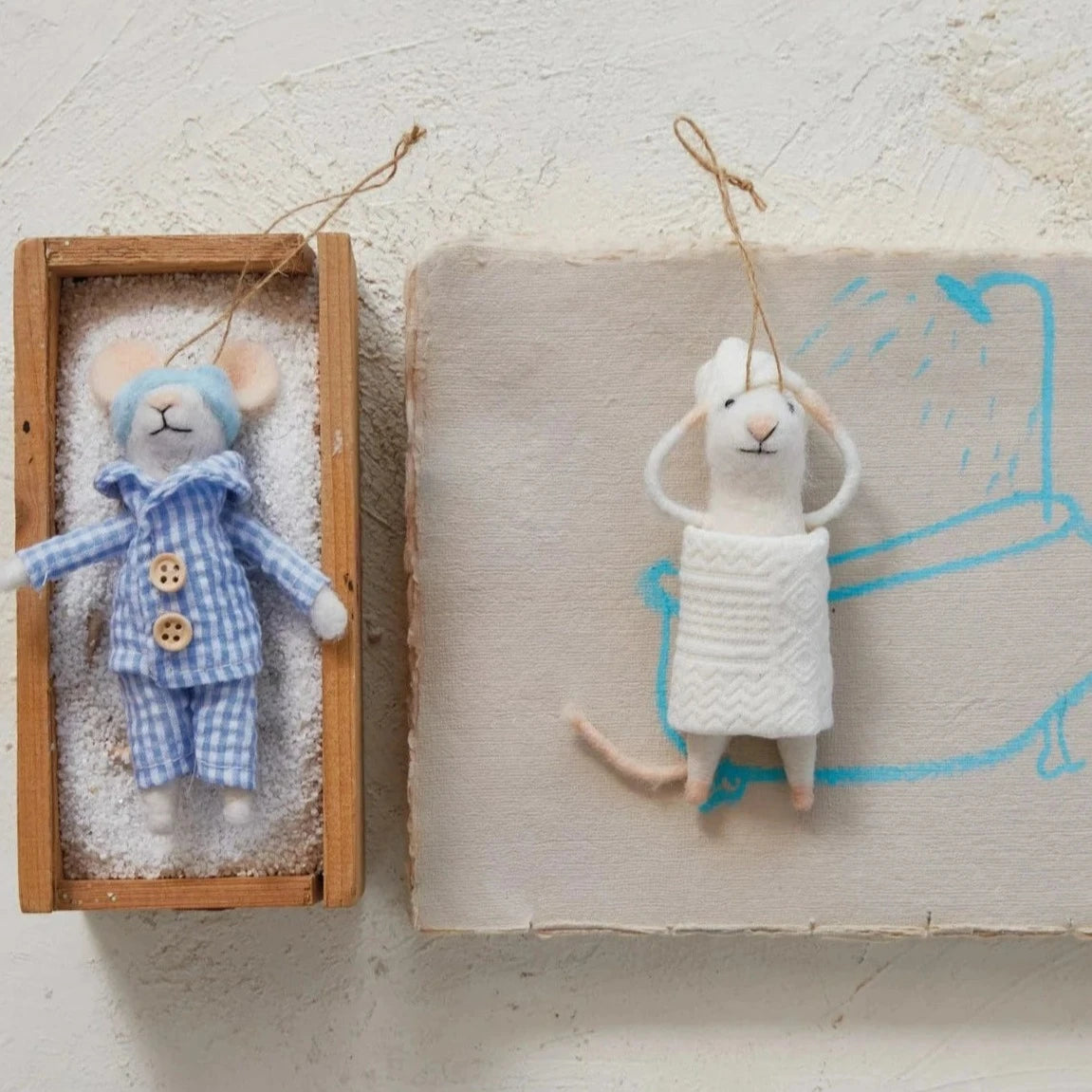 Wool Felt Mouse In Pajamas &amp; Towel Ornament