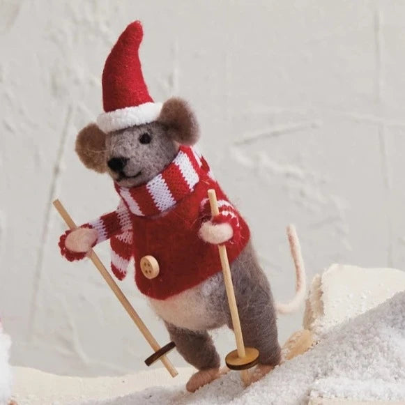 Wool Felt Skiing Mouse With Winter Coat