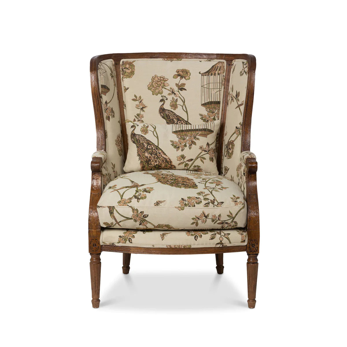 Flourish Pattern Wood Framed Wing Chair