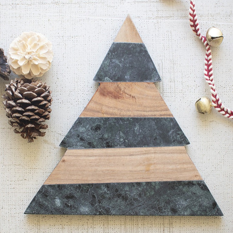 Green Marble and Acacia Wood Christmas Tree Cutting Board