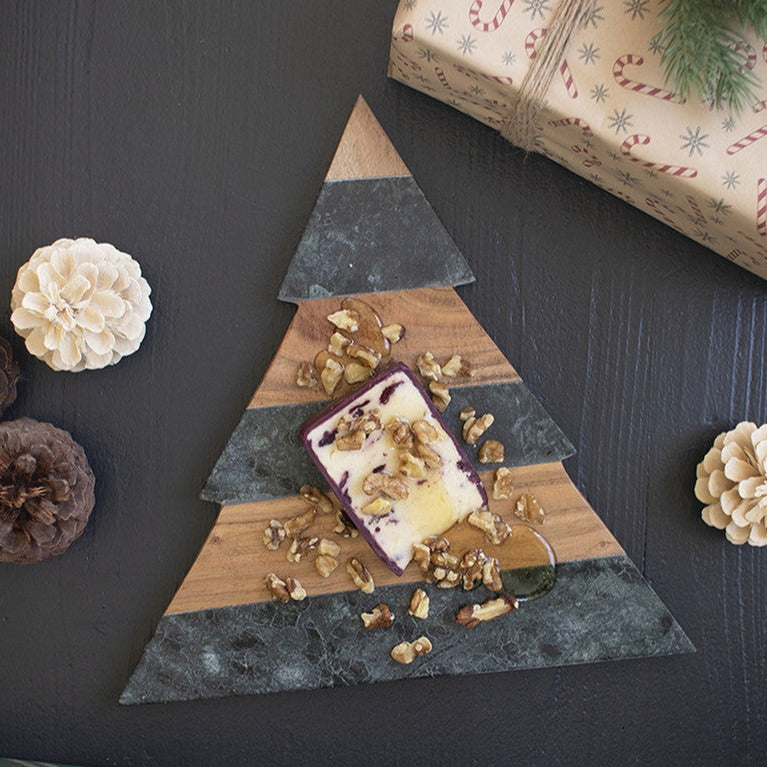 Green Marble and Acacia Wood Christmas Tree Cutting Board