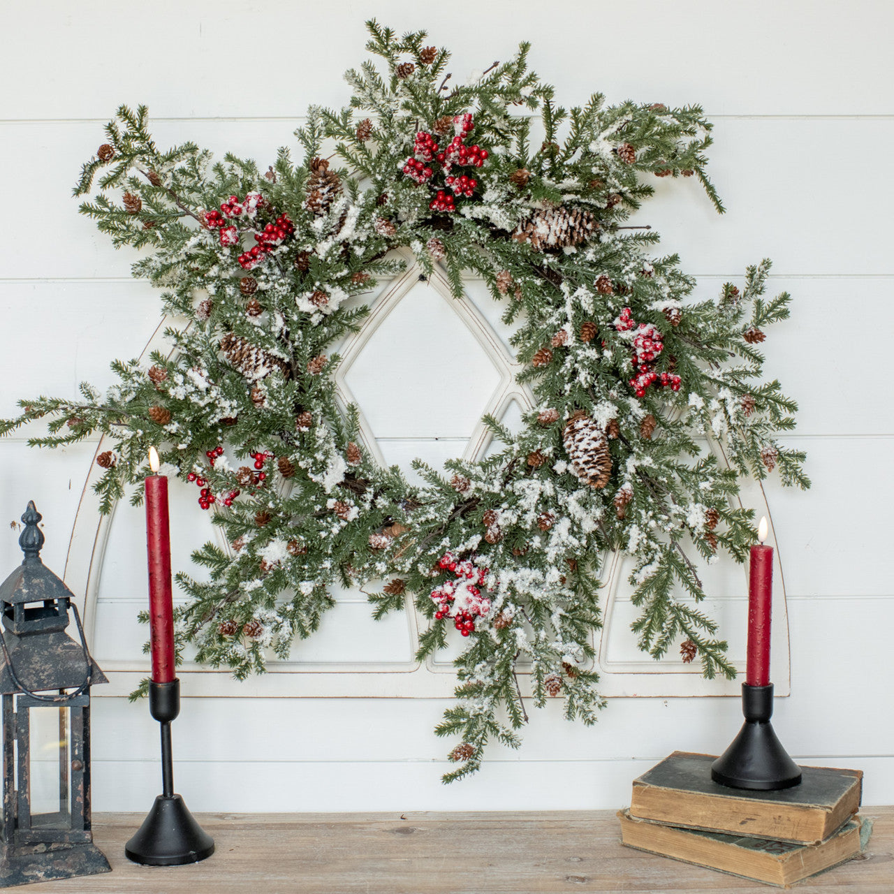 Snowy Pine And Pinecones Wreath With Berries