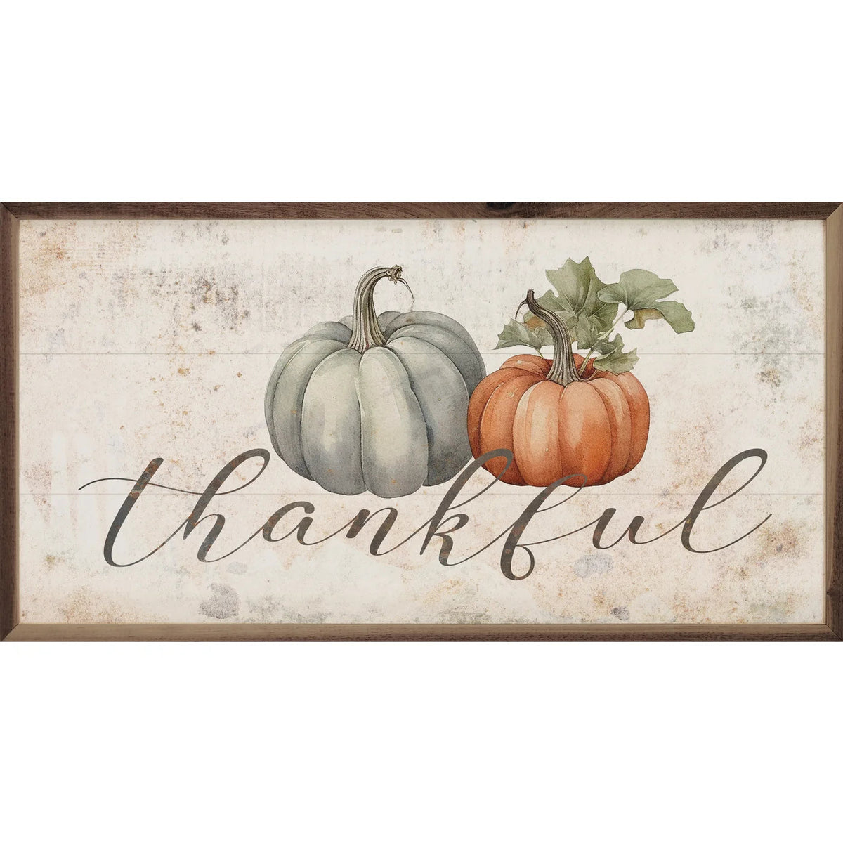 Thankful Two Pumpkins Whitewash Wood Framed Print